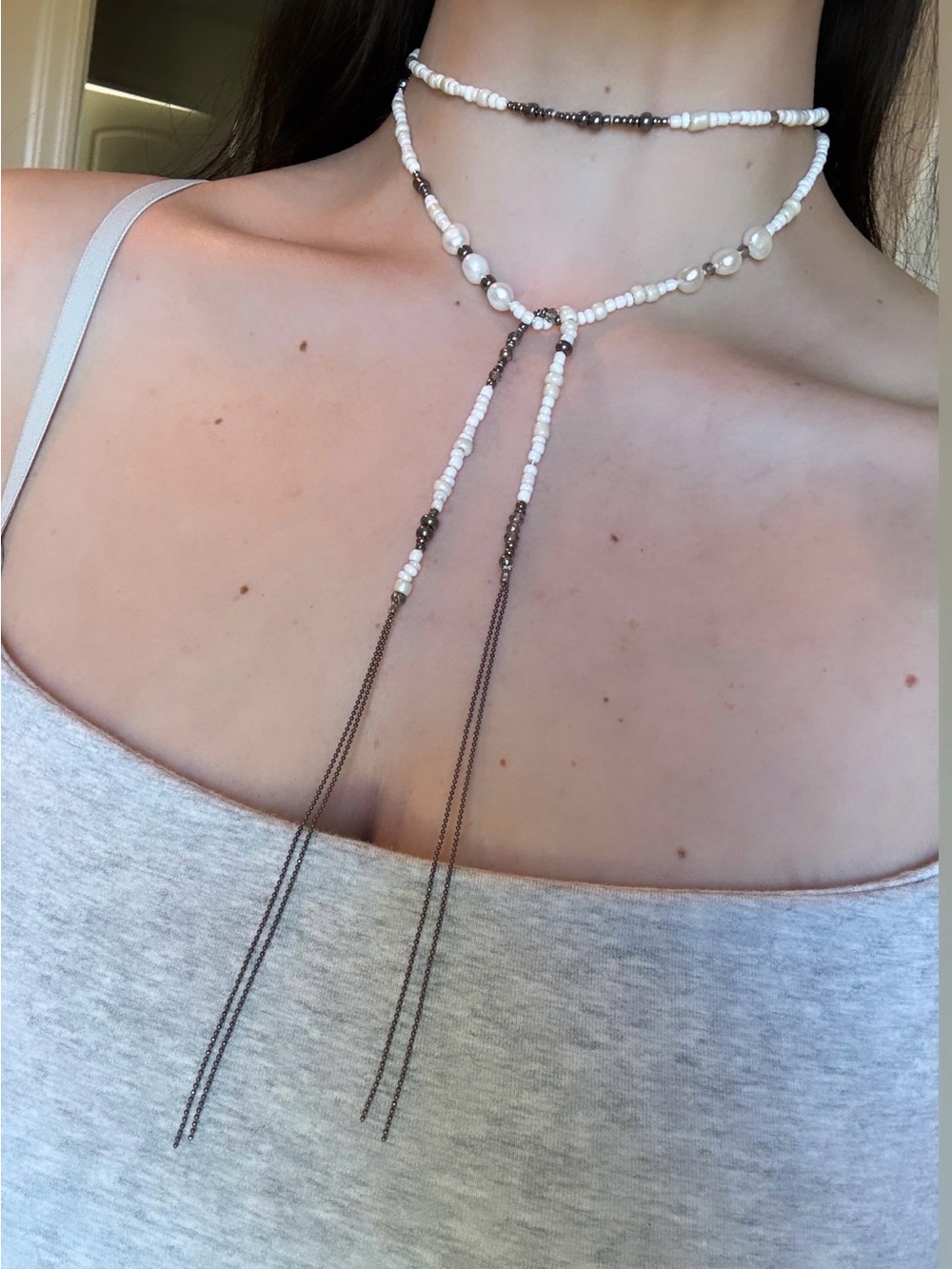 Pearl & Bead Lariat Choker Necklace